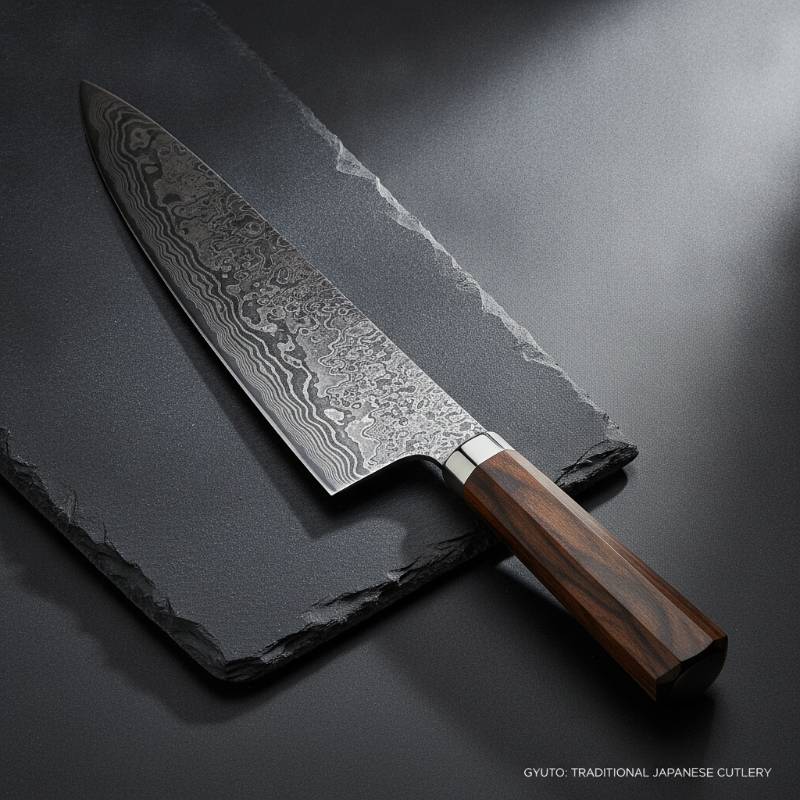A sleek Japanese Gyuto knife with a beautiful Damascus pattern and a light wooden octagonal handle.