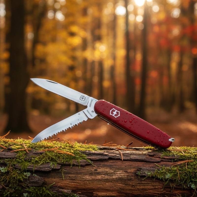 A classic red Victorinox Huntsman pocket knife resting on a rustic wooden log in a dense forest setting with soft natural light