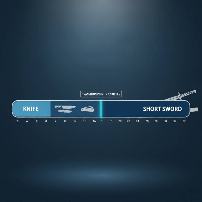 A graphic chart showing blade lengths from six inches to twenty-four inches, highlighting the transition point from knife to sword