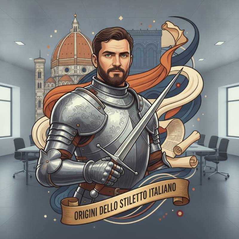 A historical drawing of a 15th-century Italian knight holding a slender stiletto dagger during close combat