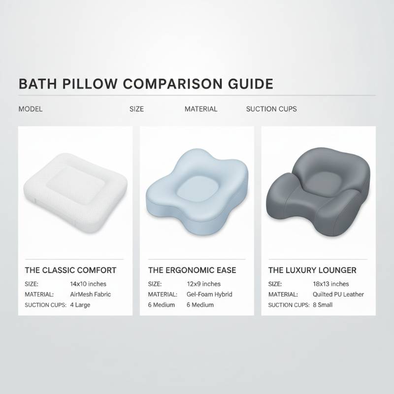 A comparison chart showing three top-rated bath pillows with features and ratings