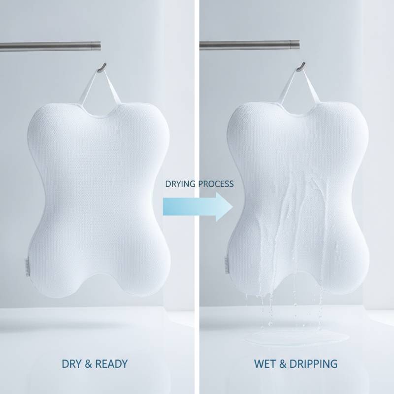 A side-by-side comparison of a clean dry bath pillow and a wet one hanging to dry