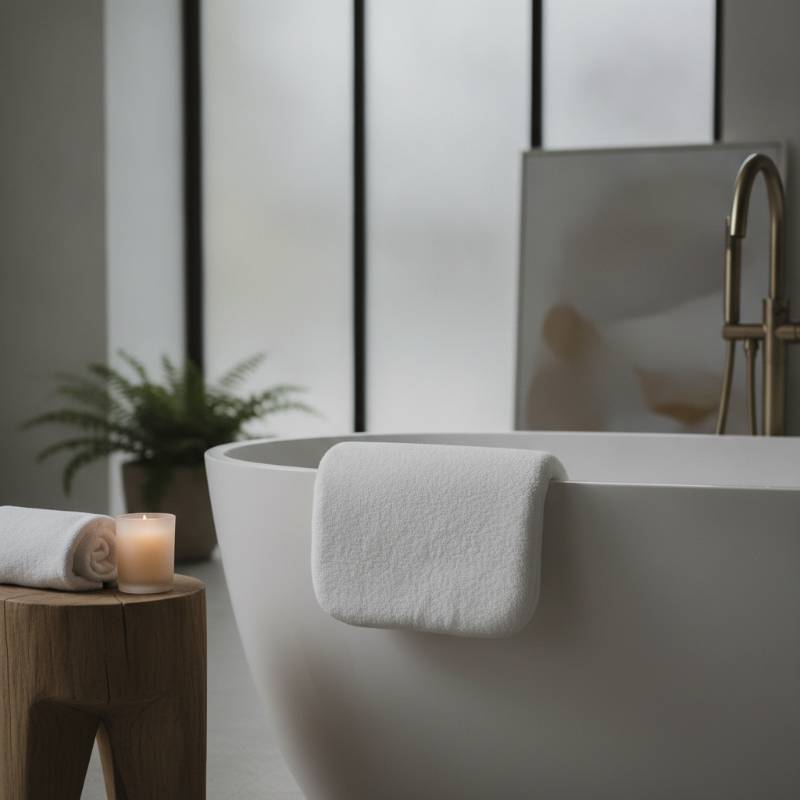 A beautifully rolled spa towel and a premium bath pillow on a bathtub ledge