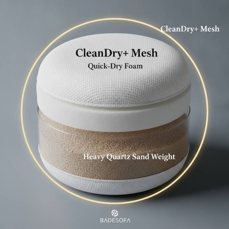 Close up of CleanDry 3D mesh fabric and quartz sand filling