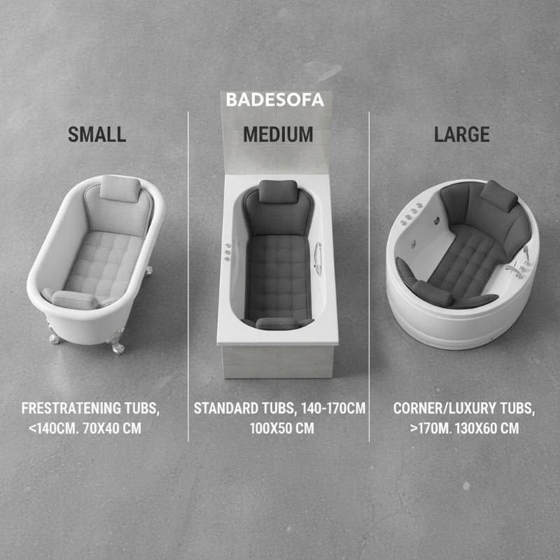 BADESOFA size guide diagram showing small medium and large options