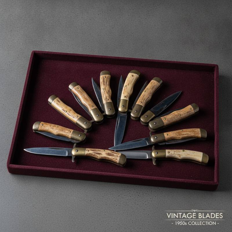 Collection of vintage switchblades and old pocket knives
