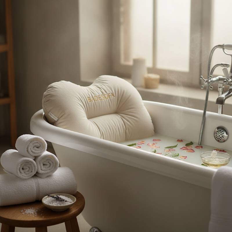 High end home bathroom with a luxury bath cushion