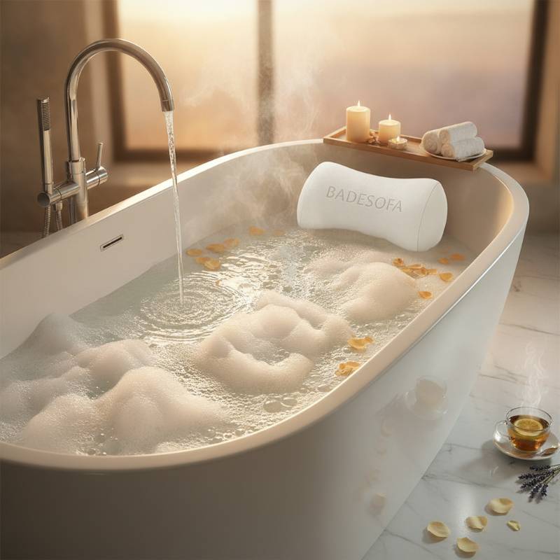 A peaceful bathroom with a BADESOFA bath pillow ready for a relaxing soak