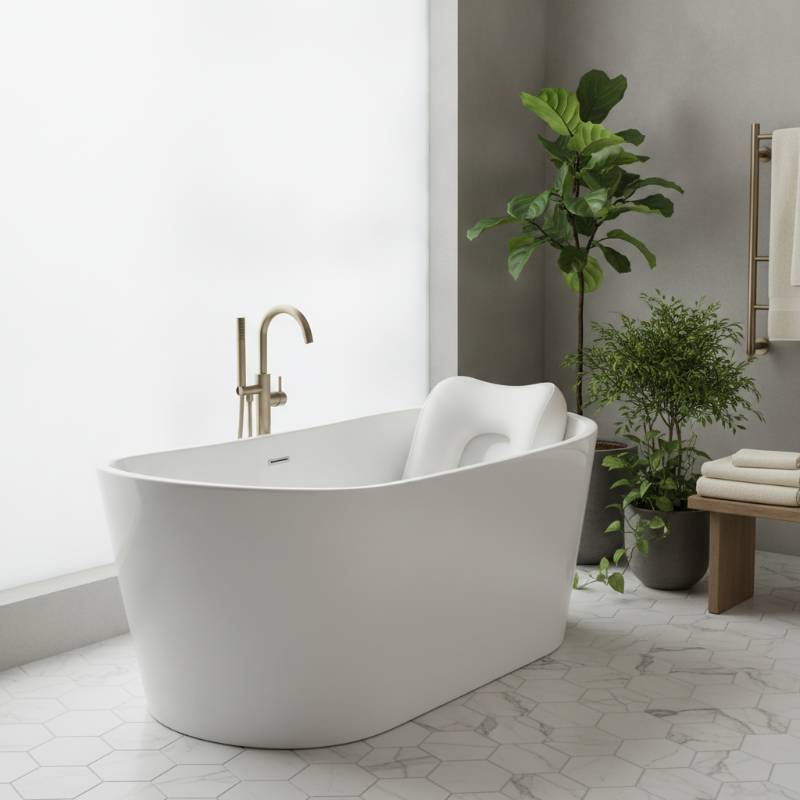A plush white bath pillow attached to a modern white bathtub with suction cups