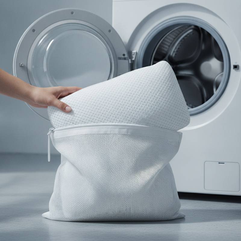 A white bath pillow being placed inside a mesh washing bag