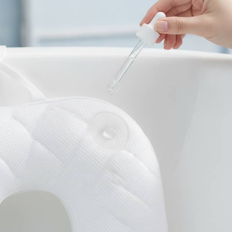 Wetting the suction cups on a bath pillow before attaching to a tub