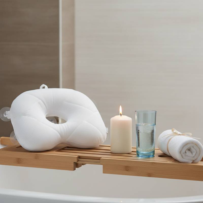 A beautifully rolled up bath pillow next to a candle