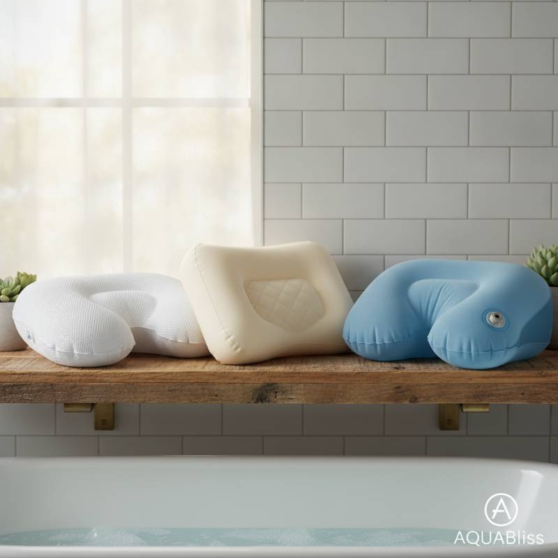 A collection of different bath pillows arranged on a bathroom shelf