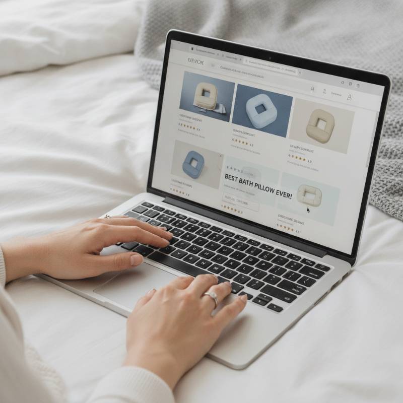 A person scrolling through bath pillow reviews on a laptop
