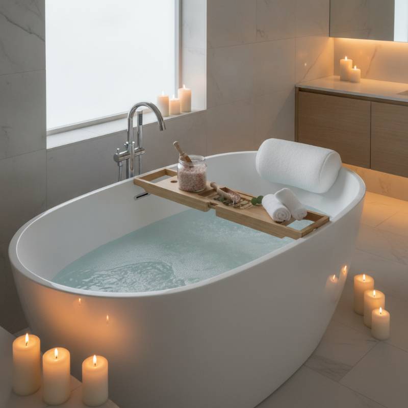 A beautifully set up home spa bathtub with candles and bath salts