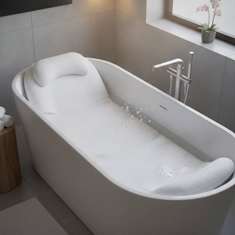 A full-length white 3D air mesh bath pillow resting inside a modern, empty white bathtub, showing its soft quilted texture and suction cups.
