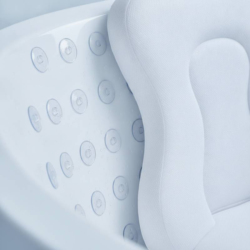 A full-body bath pillow showing its underside with multiple powerful suction cups sticking to a white porcelain tub surface.