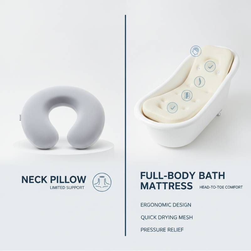 A comparison graphic showing the difference between a standard bath pillow and a full-body bath mattress.