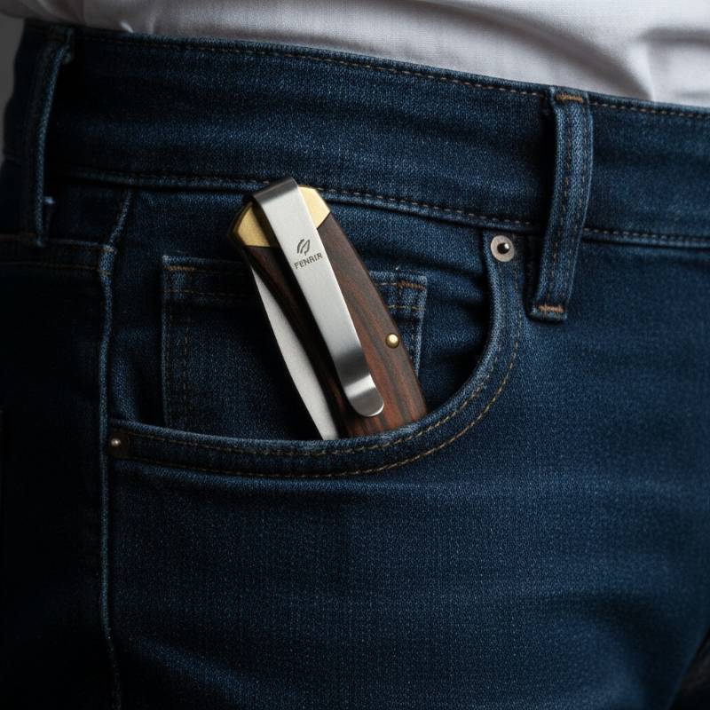 A pocket knife folded and clipped to a pocket