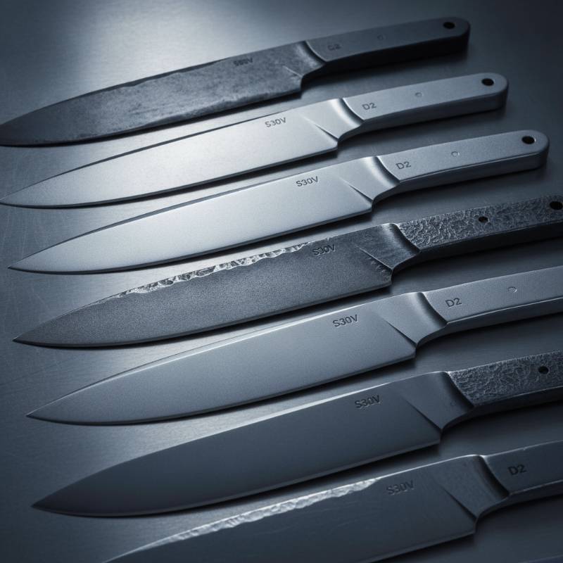 High-quality steel knife blades resting on a metal surface