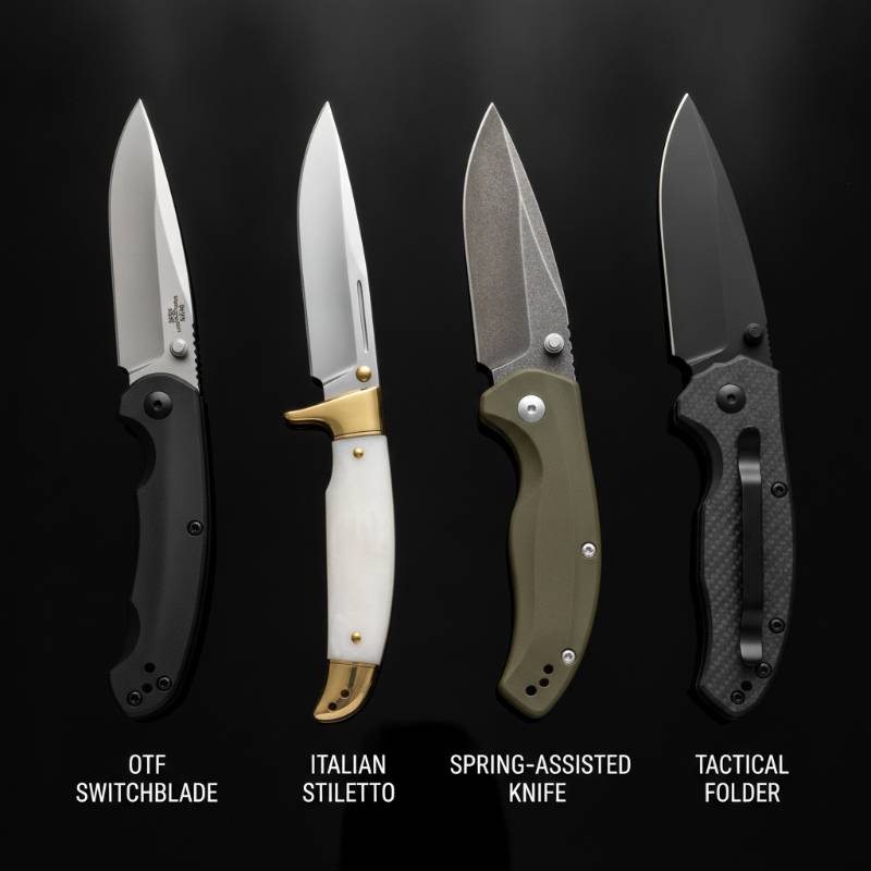 Different types of pocket knives lined up for comparison