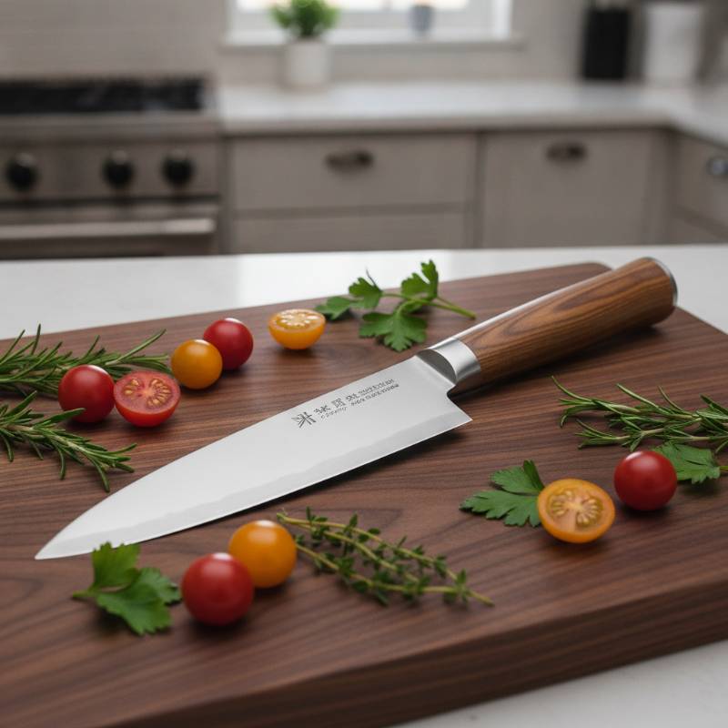 A traditional Japanese Santoku knife resting on a rustic wooden cutting board next to fresh vegetables