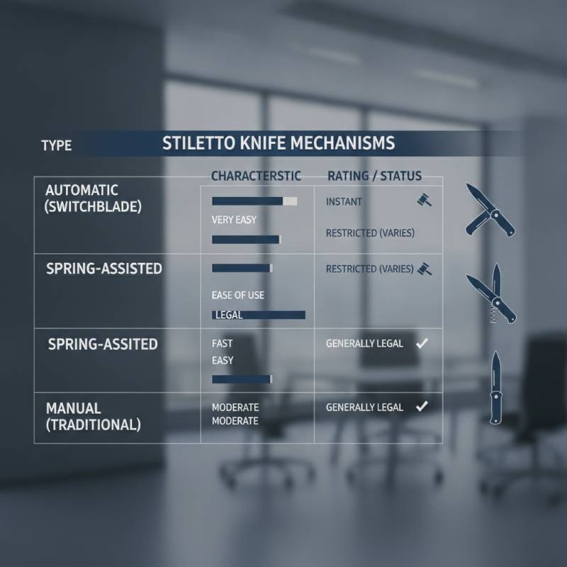 A comparison table of different stiletto knife styles showing opening methods and legal status