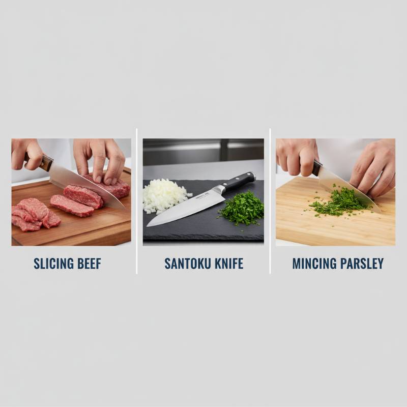 Graphic showing three food types: sliced meat, diced onions, and minced herbs