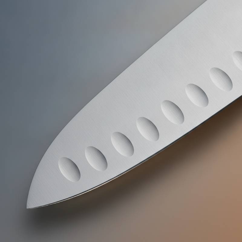 Close up of a Santoku knife blade showing the sheep's foot tip and the dimples along the edge