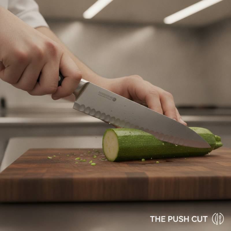 Close up of hands demonstrating a push cut with a Santoku knife on a wooden board