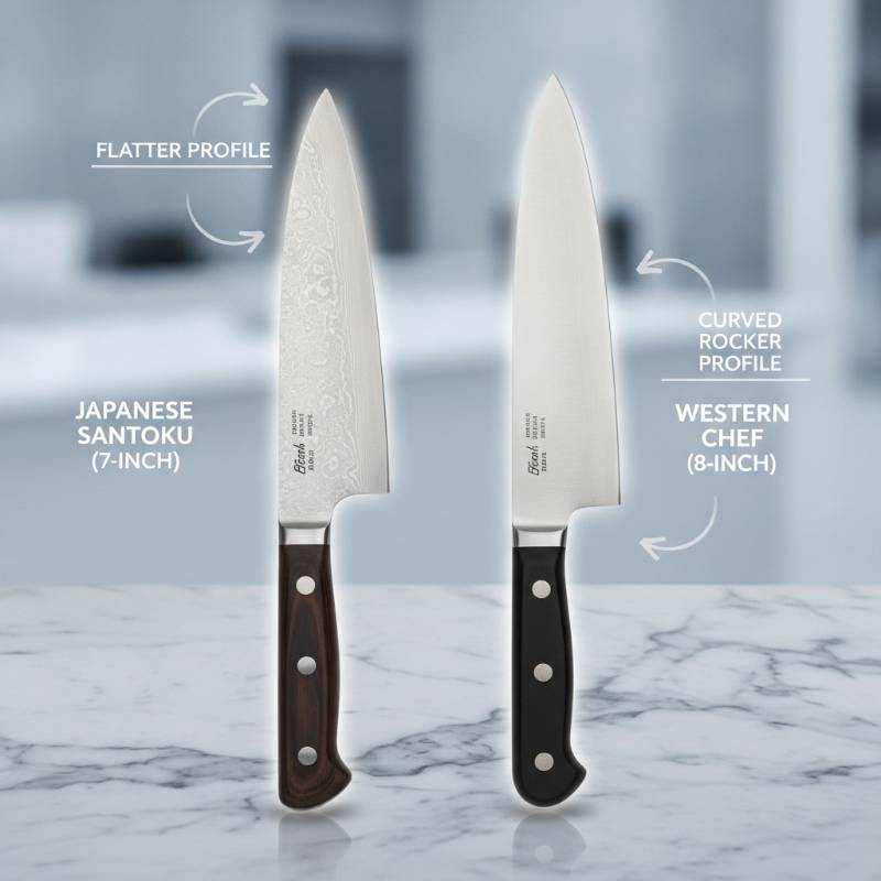 A side-by-side comparison of a Japanese Santoku knife and a Western chef's knife