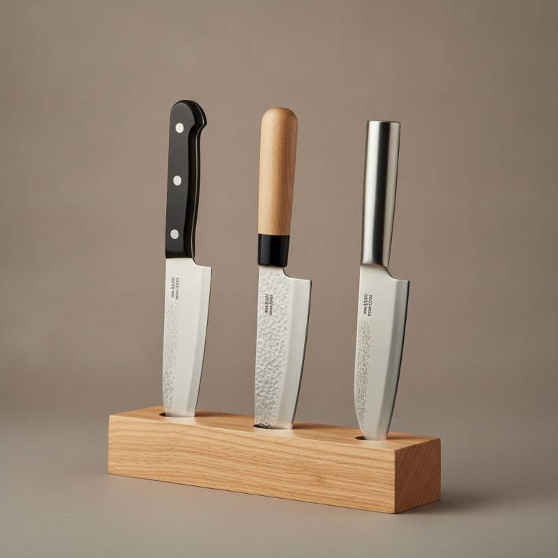 A selection of different Santoku knives on a display stand