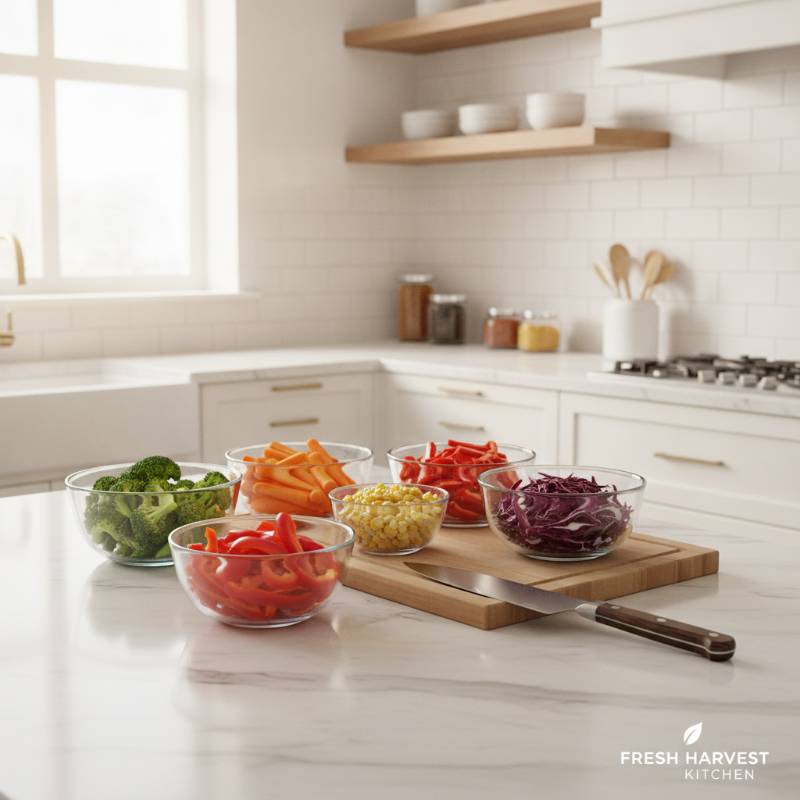 A beautifully organized kitchen counter with prep bowls and a Santoku knife ready for cooking