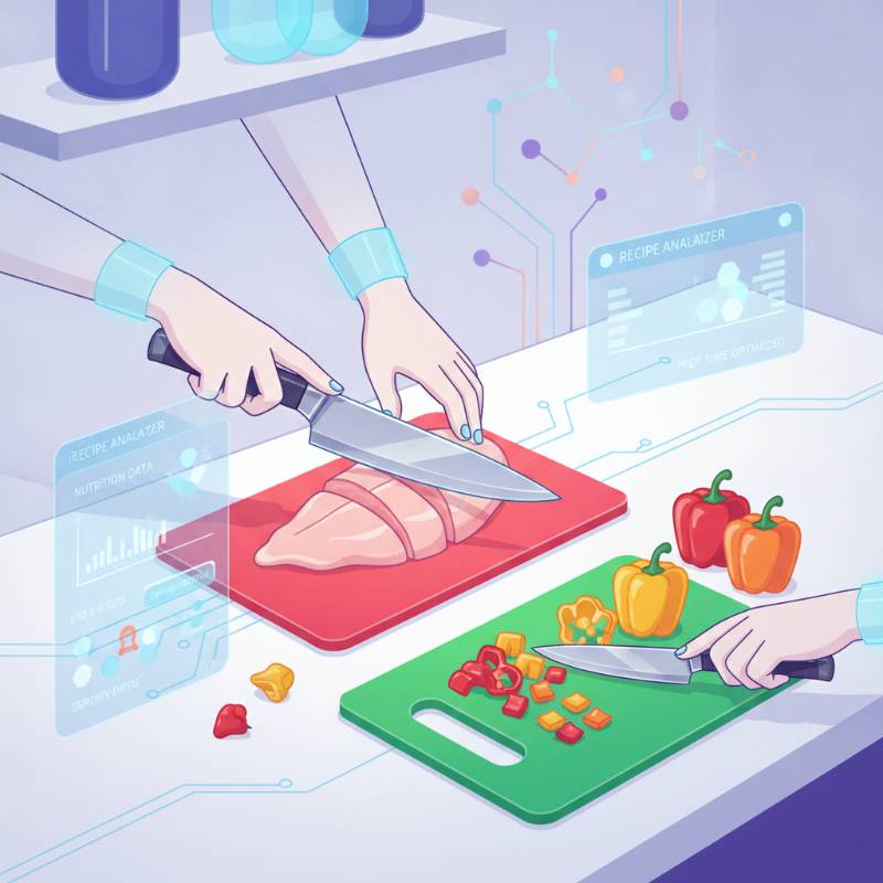 A home cook using a Santoku knife to prep fresh vegetables and meat on a clean counter
