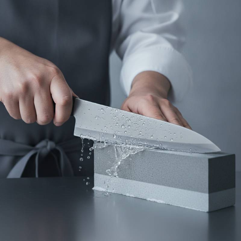 A person sharpening a Santoku knife on a whetstone with water splashes