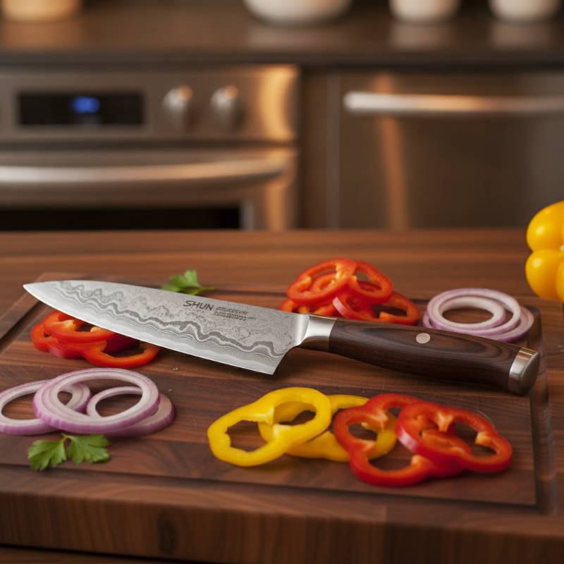 Shun Classic 7-inch Santoku knife resting on a wooden cutting board next to sliced vegetables