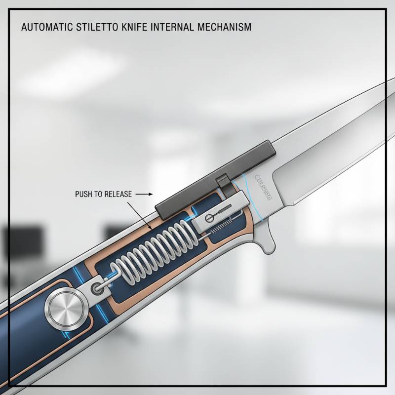 A technical diagram showing the internal spring mechanism of an automatic stiletto knife