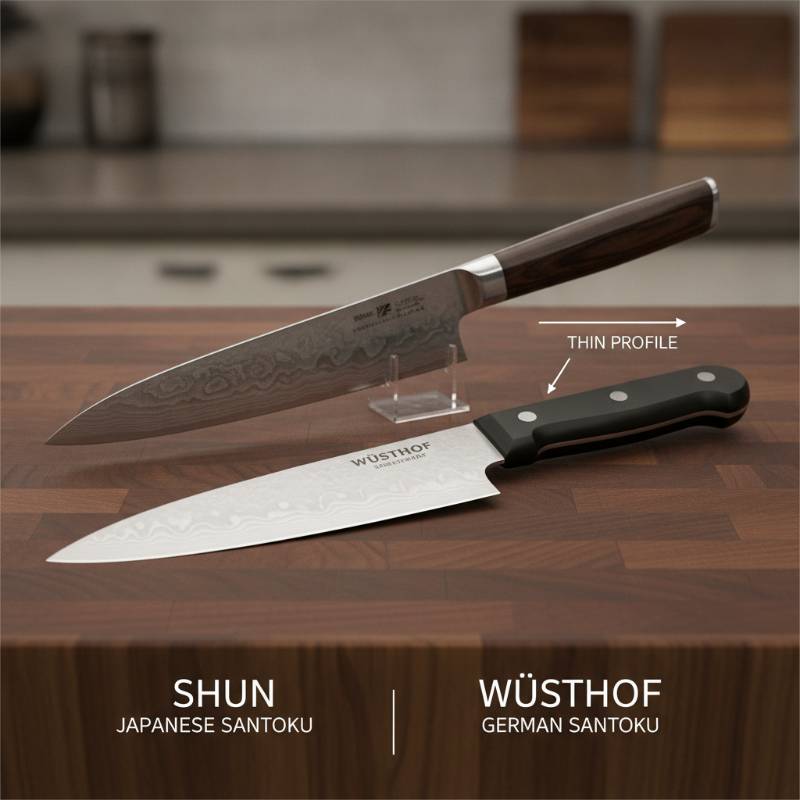 Shun Santoku knife compared to Wusthof Santoku knife on a cutting board