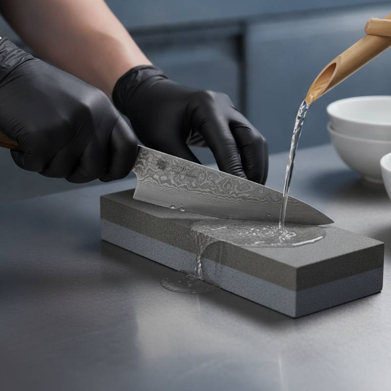 Sharpening a Shun Santoku knife on a whetstone
