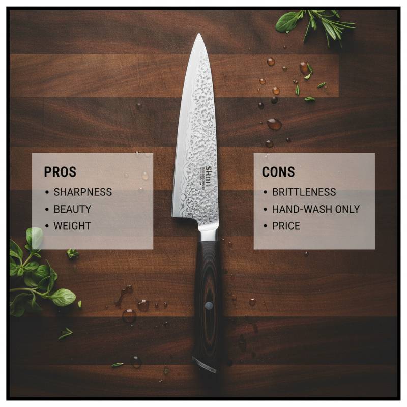 Infographic showing the pros and cons of the Shun Santoku knife