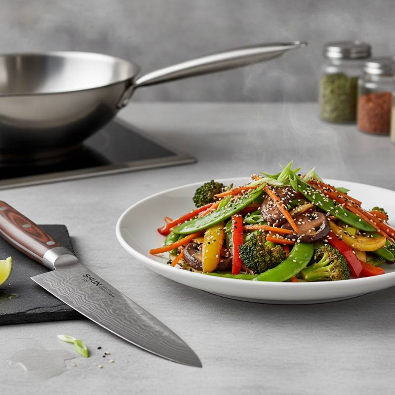 A beautifully prepared meal with sliced vegetables next to a Shun Santoku knife