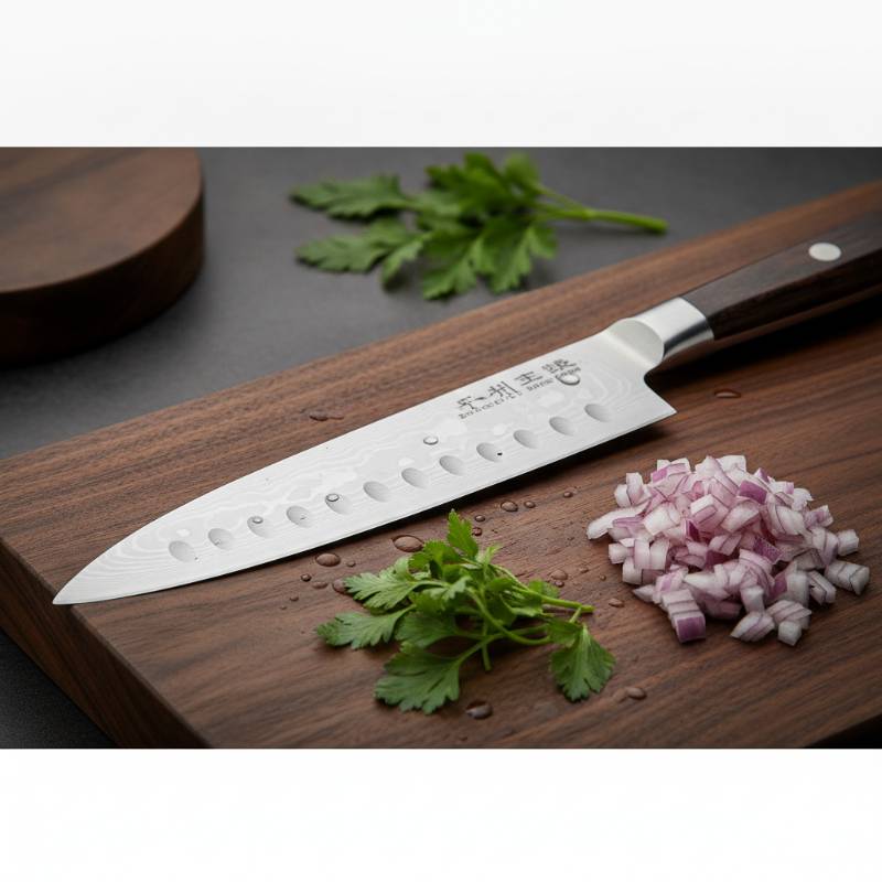 A classic Japanese Santoku knife on a wooden cutting board next to chopped herbs