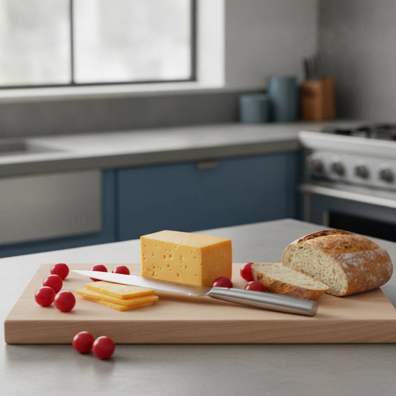 A sleek utility knife next to sliced cheese and cherry tomatoes on a light marble counter
