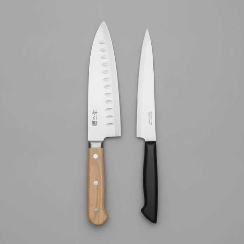 Side-by-side comparison of a wide Santoku knife and a narrow utility knife