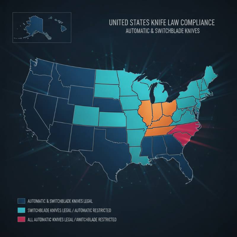 A map of the United States highlighting different state laws on switchblades and automatic knives