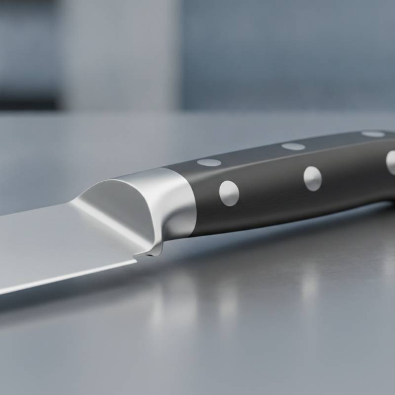Close-up of a high-carbon stainless steel knife blade showing a full tang handle with rivets