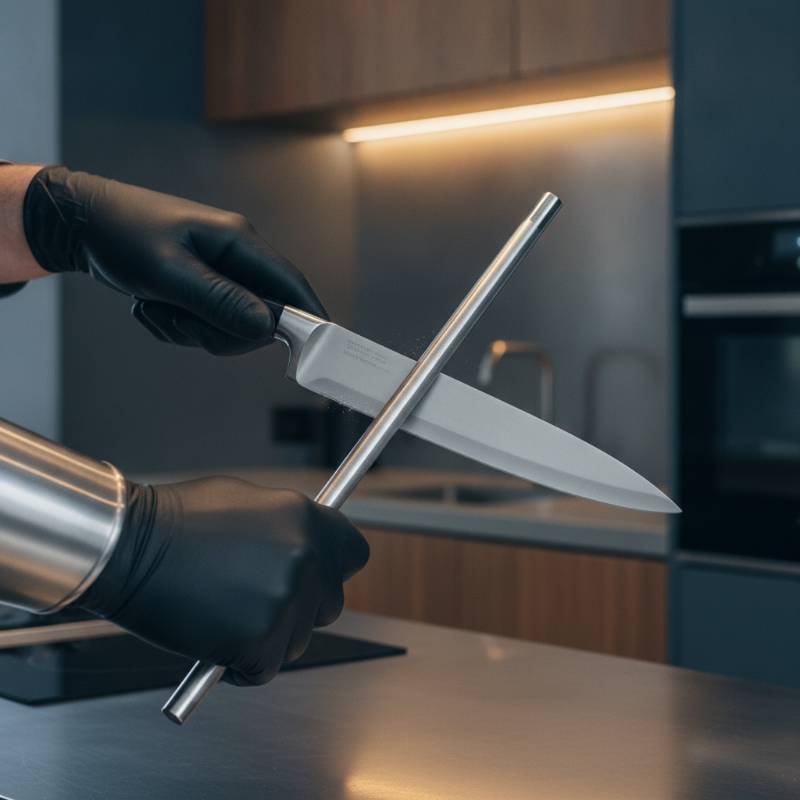 A chef using a ceramic honing rod to align the edge of a kitchen knife