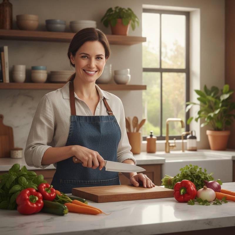 A home cook smiling while holding a high-quality kitchen knife