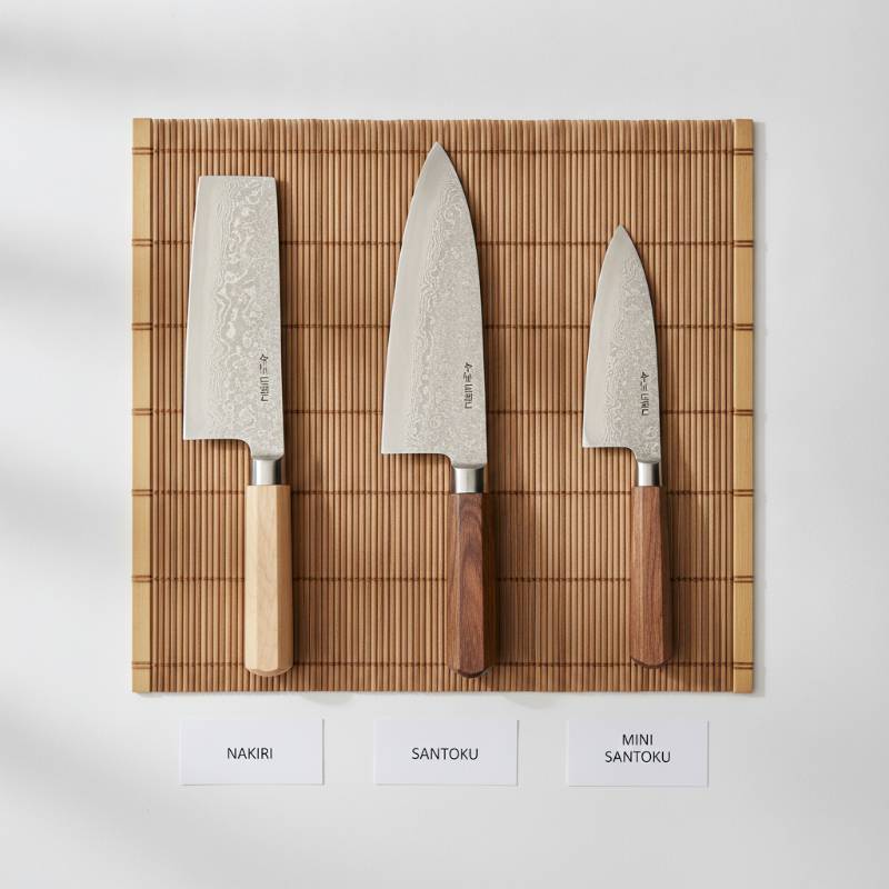 A collection of Japanese knives including a Nakiri and a mini Santoku