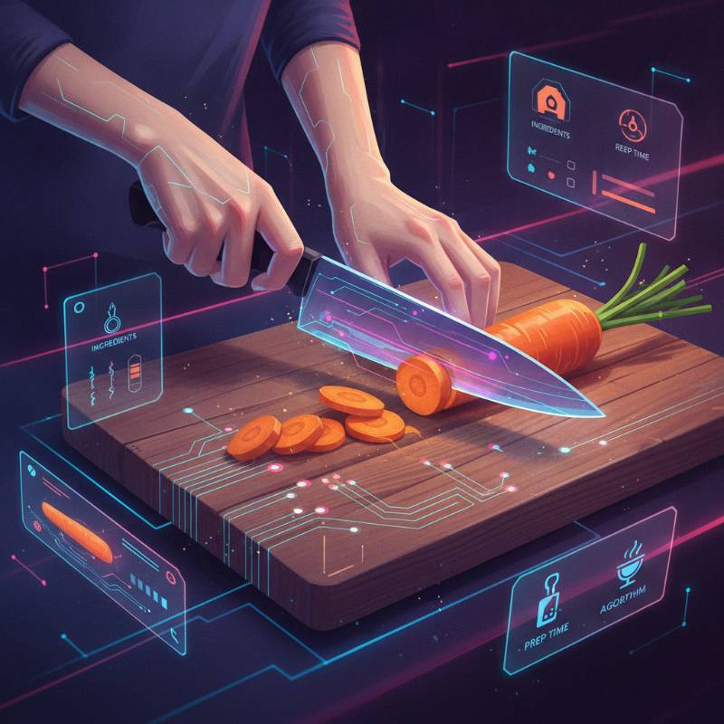 Hands using a Santoku knife to dice carrots on a wooden board